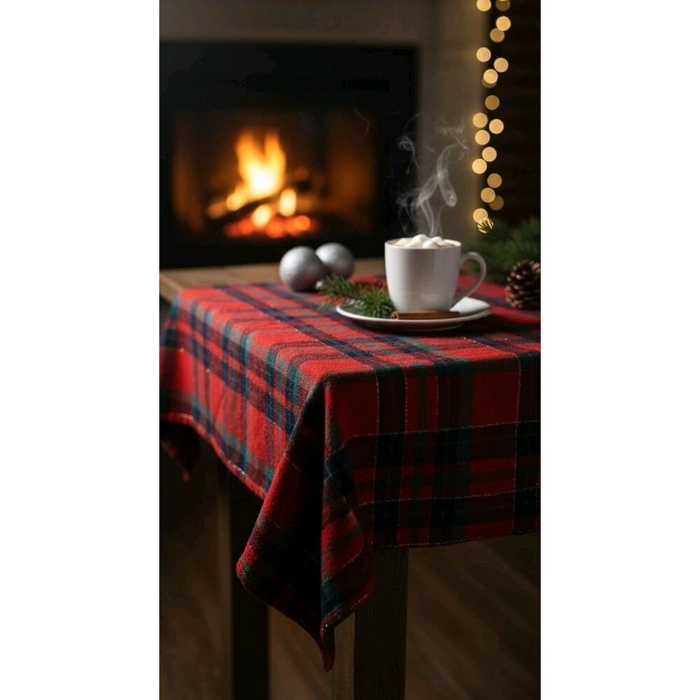 Vtg Red Green Plaid Rectangle Farmhouse Country Cabin Lodge Tablecloth 78"x56"